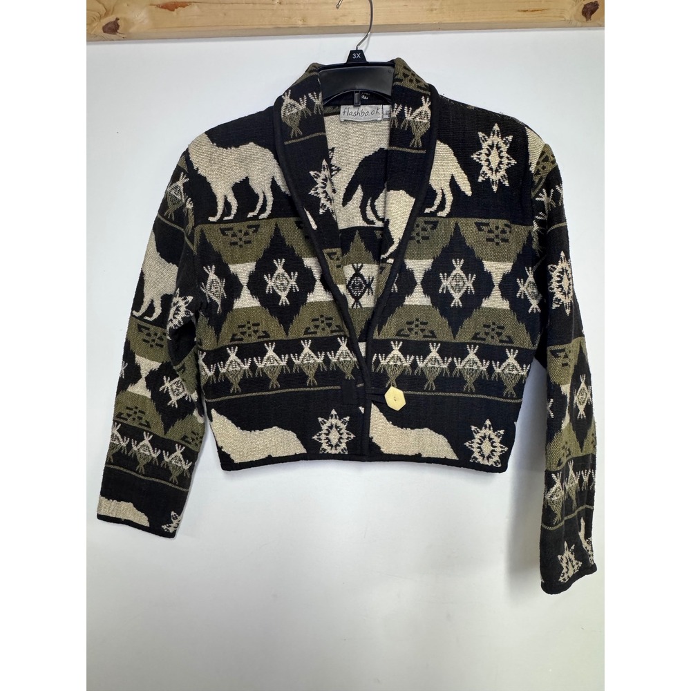 Flashback Vintage Wolf Southwestern Cropped Cardigan Sweater Cotton M
